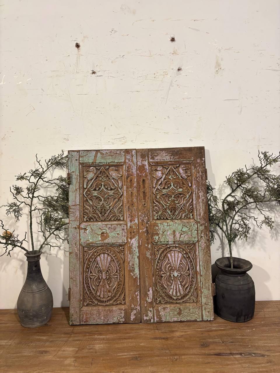 Antique Shekhawati Hand-Carved Window: Rustic Indian Wall Decor