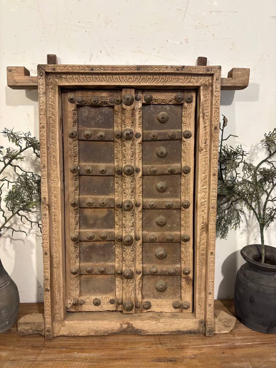 Antique Hand-Carved Shekhawati Window: Rustic Indian Wall Decor
