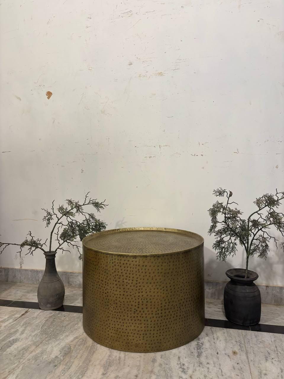 Handmade Hammered Iron Drum Coffee Table: Rustic Industrial Boho Decor