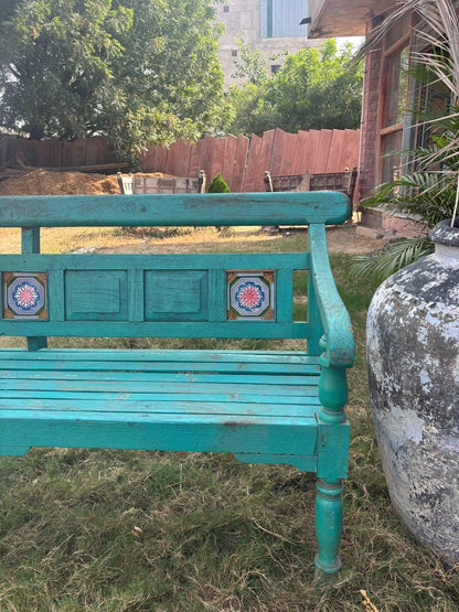 Vintage Hand Carved Wooden Bench – Rustic Indian Floral Garden Seating