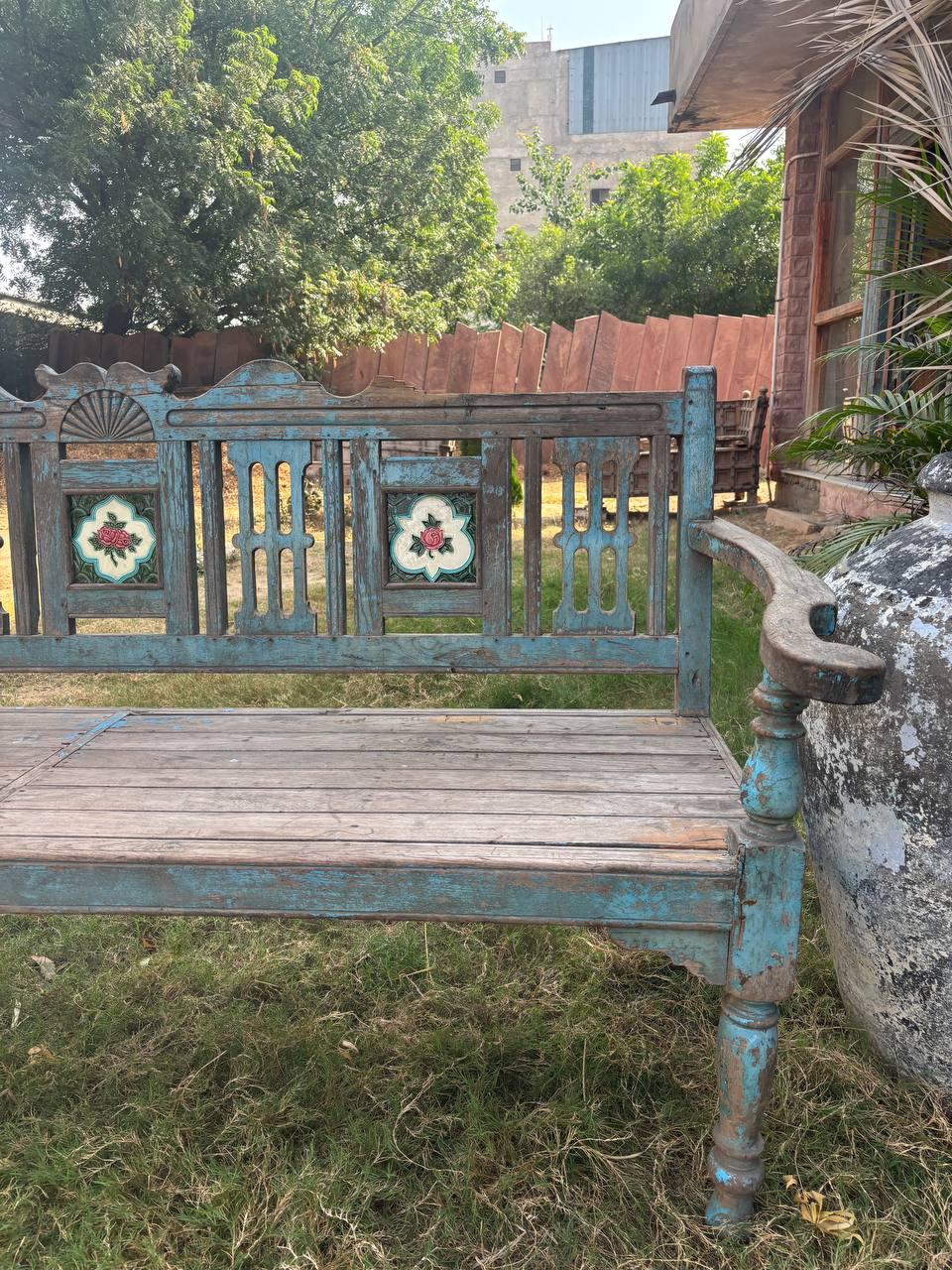 Vintage Hand-Carved Wooden Bench – Rustic Indian Garden Seating