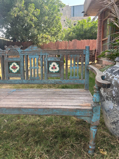 Vintage Hand-Carved Wooden Bench – Rustic Indian Garden Seating