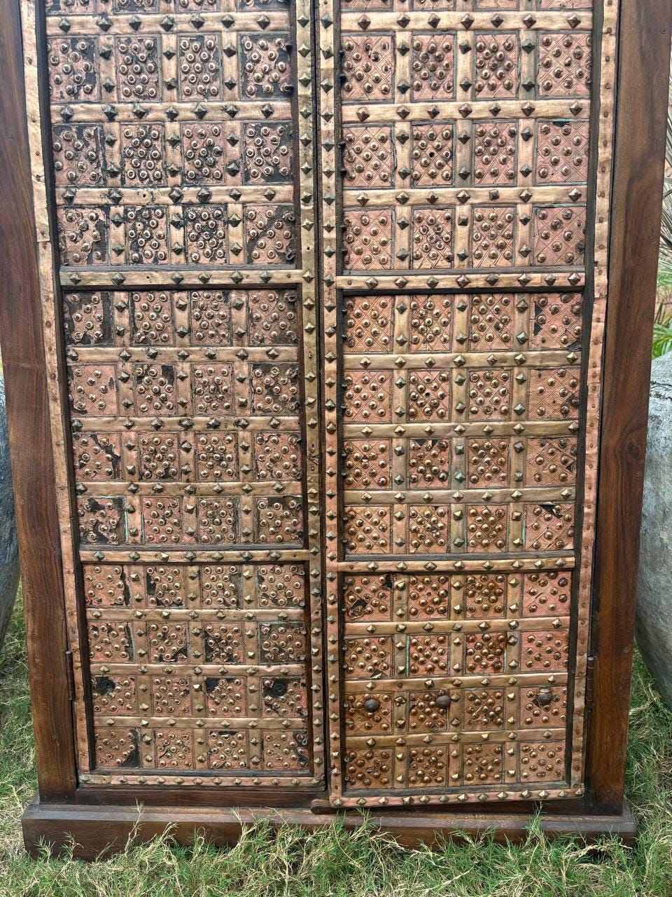 Handcrafted Wooden Almirah – Antique Indian Brass Embossed Wardrobe