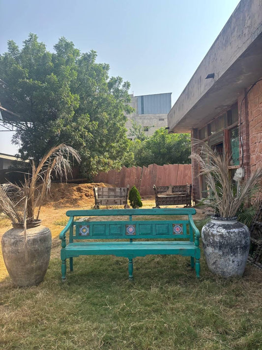 Vintage Hand Carved Wooden Bench – Rustic Indian Floral Garden Seating
