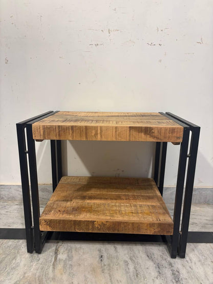 Handcrafted Mango Wood Side Table | Rustic Bedside Cabinet with Shelf