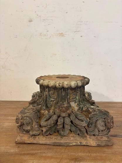 Antique Hand-Carved Wooden Column Base: French Colonial Garden Stool Candle Stands