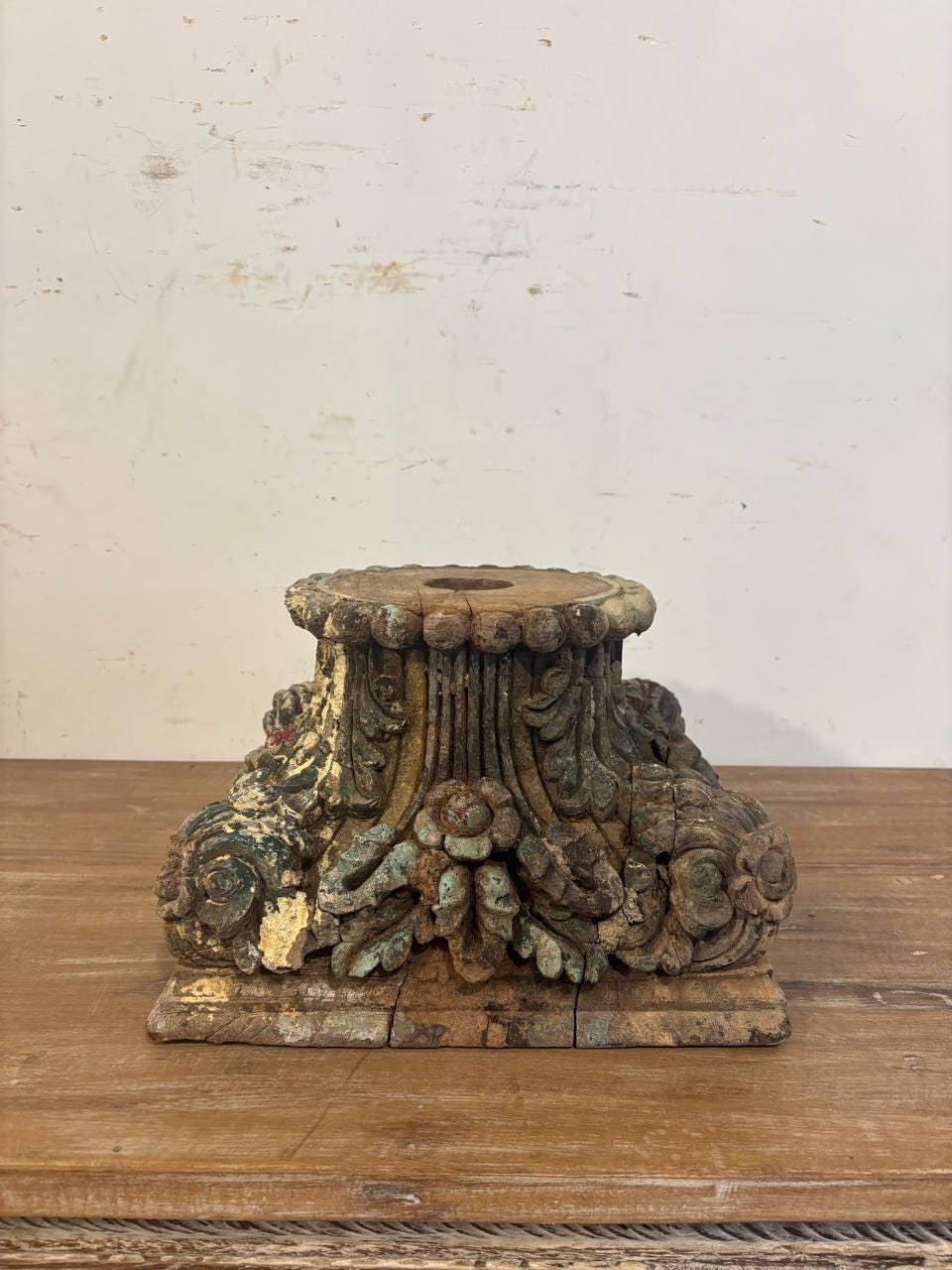 Antique Hand-Carved Wooden Column Base: French Colonial Garden Stool Candle Stands