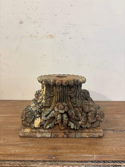 Antique Hand-Carved Wooden Column Base: French Colonial Garden Stool Candle Stands