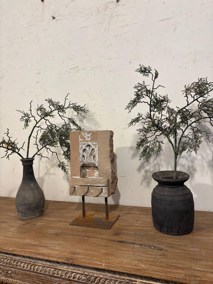 Antique Stone Alcove on Iron Stand: Carved Indian Aala Diya Holder