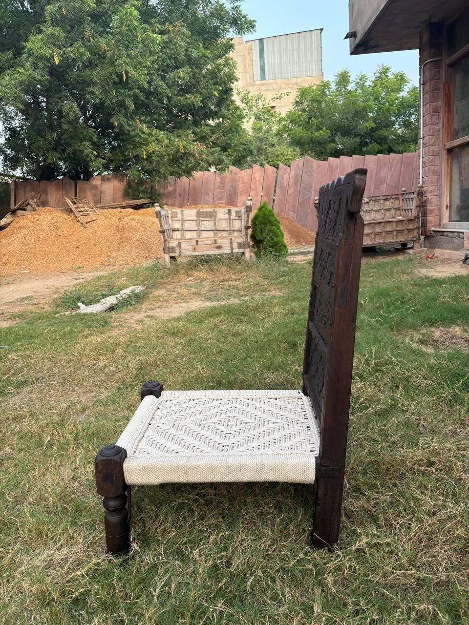 Hand-Carved Teak Low Chair: Rajasthan Tribal Pida with Cotton Rope