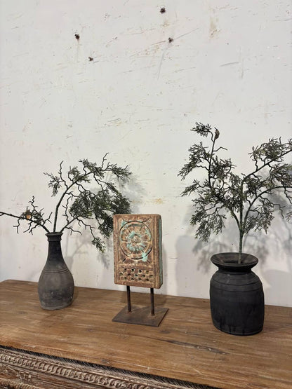 Handcrafted Stone Shrine Decor with Iron Stand: Spiritual Home Accent