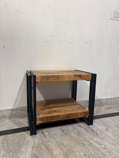 Handcrafted Mango Wood Side Table | Rustic Bedside Cabinet with Shelf