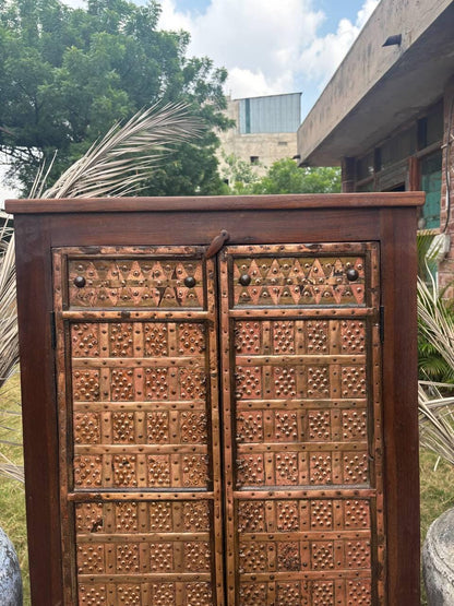 Handcrafted Wooden Almirah: Antique Brass Embossed Indian Cabinet