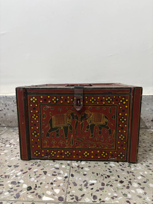 Hand-Painted Wooden Storage Trunk | Vintage Indian Elephant Decor