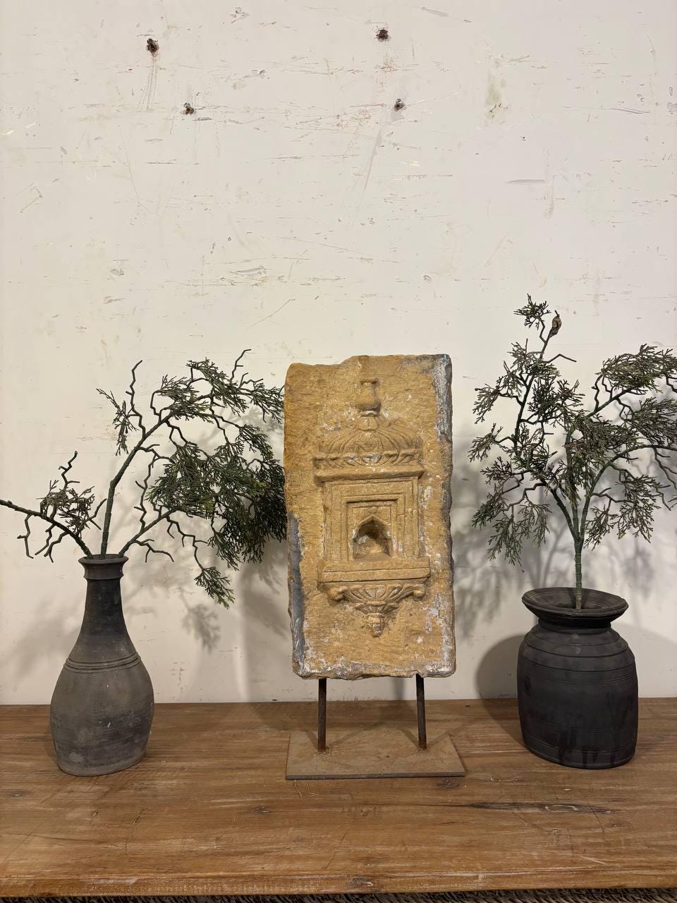 Antique Stone Alcove on Iron Stand: Indian Carved Lintel Candle Holder