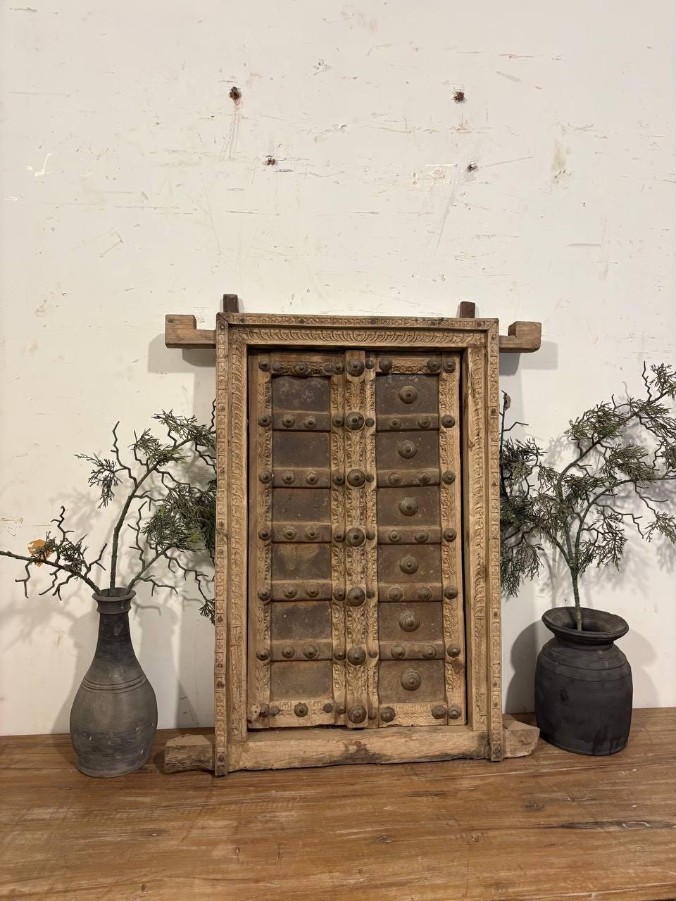 Antique Hand-Carved Shekhawati Window: Rustic Indian Wall Decor