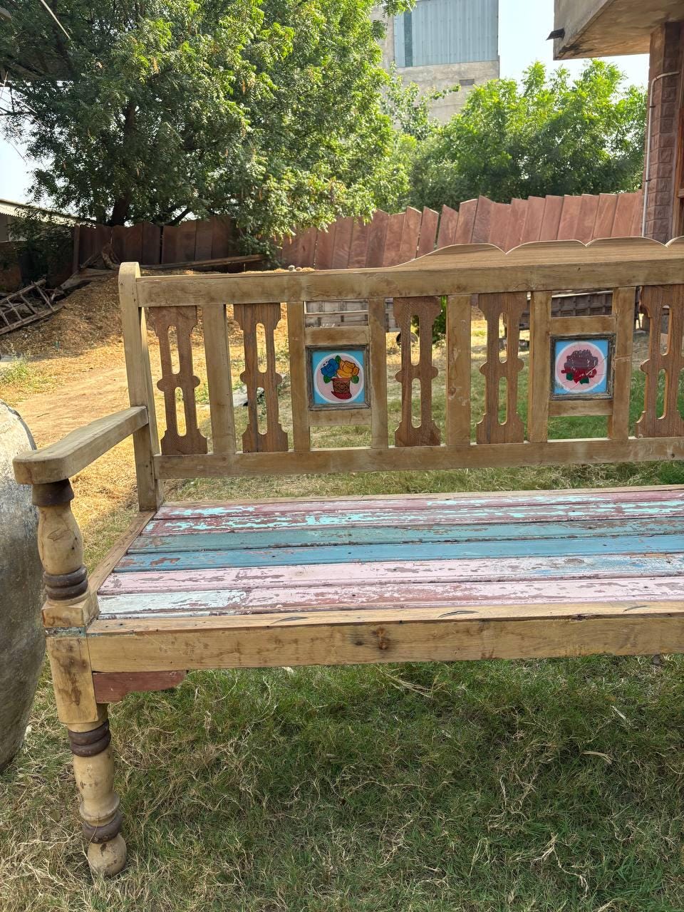 Handcrafted Wooden Garden Bench – Rustic Carved Indian Seating