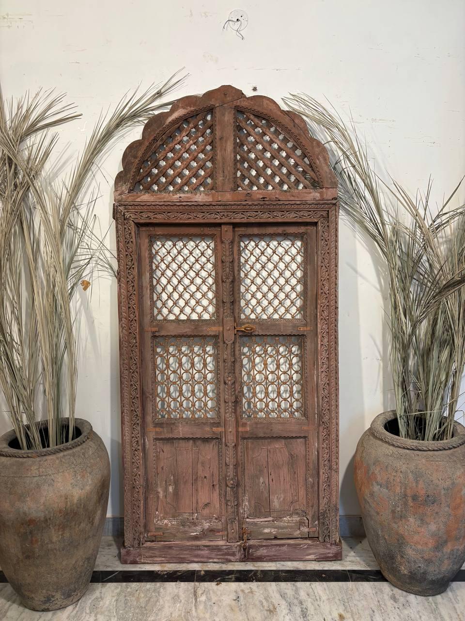 Antique Hand-Carved Jali Door Panel: Rustic Indian Teak Arch - 213x98cm