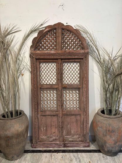 Antique Hand-Carved Jali Door Panel: Rustic Indian Teak Arch - 213x98cm