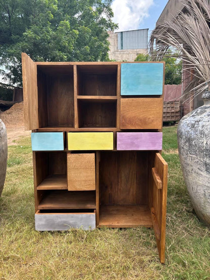 Handcrafted Wooden Storage Cabinet: Eclectic Patchwork Boho Sideboard