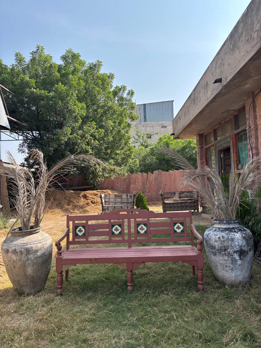 Vintage Hand-Carved Wooden Bench – Rustic Indian Garden Decor