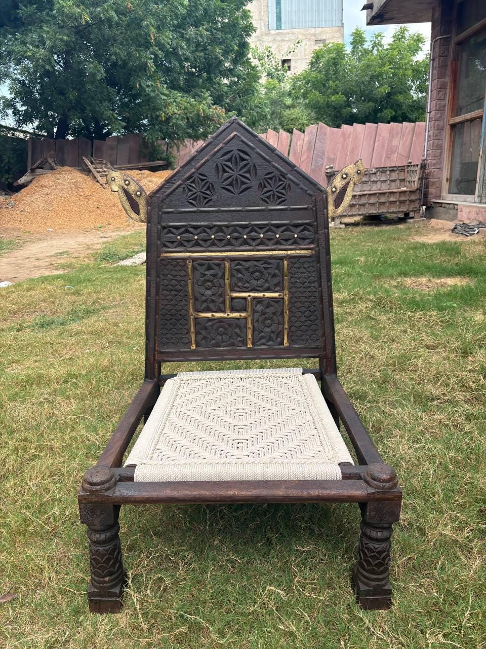 Hand-Carved Teak Tribal Pida Chair: Indian Rajasthan Low Seating