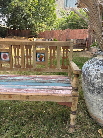 Handcrafted Wooden Garden Bench – Rustic Carved Indian Seating