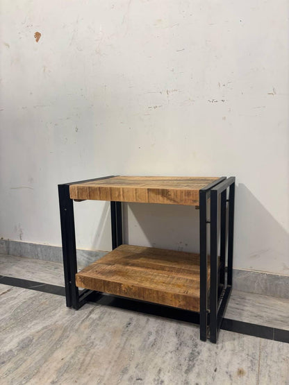 Handcrafted Mango Wood Side Table | Rustic Bedside Cabinet with Shelf