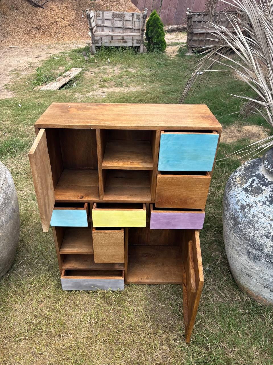 Handcrafted Wooden Storage Cabinet: Eclectic Patchwork Boho Sideboard