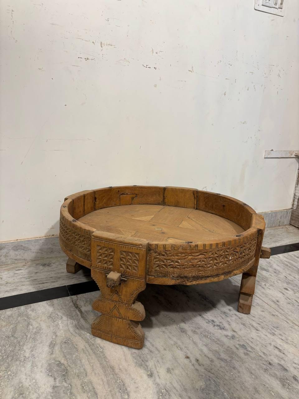 Handmade Indian Chowki Table: Carved Wood Bajot, Bohemian Decor