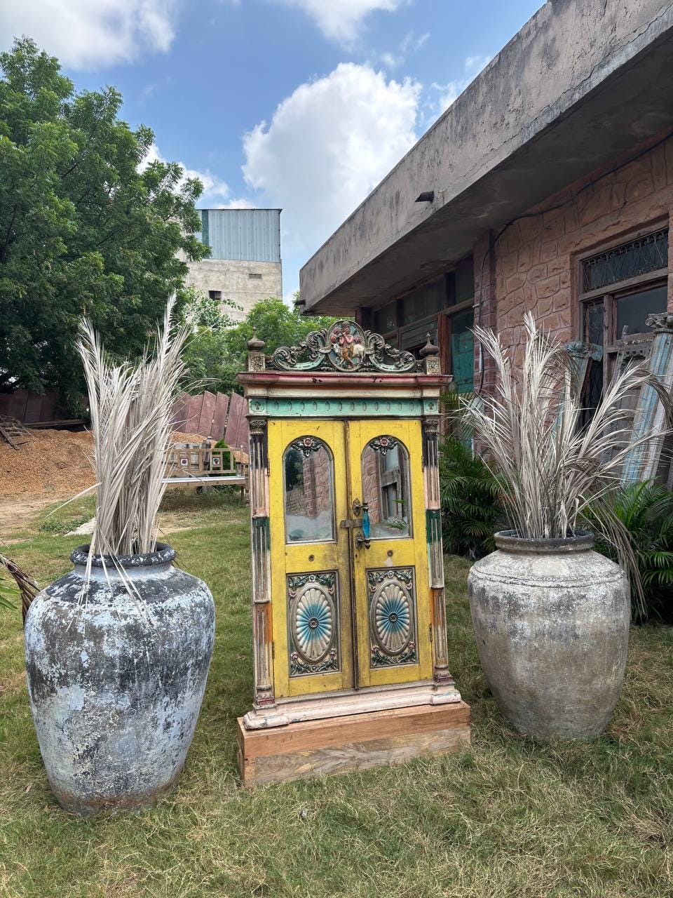 Antique Carved Wood Window: French Colonial Sunflower Panel, Original Glass